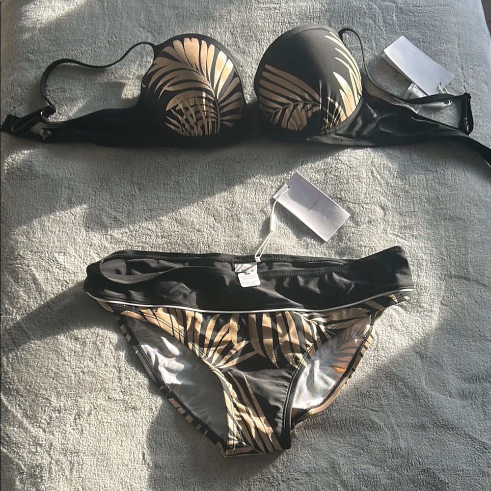 Black & Gold Leaf Print Bikini Set